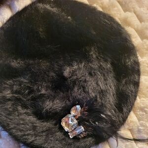 Elegant Black Fur Beret with Crystal Embellishment
